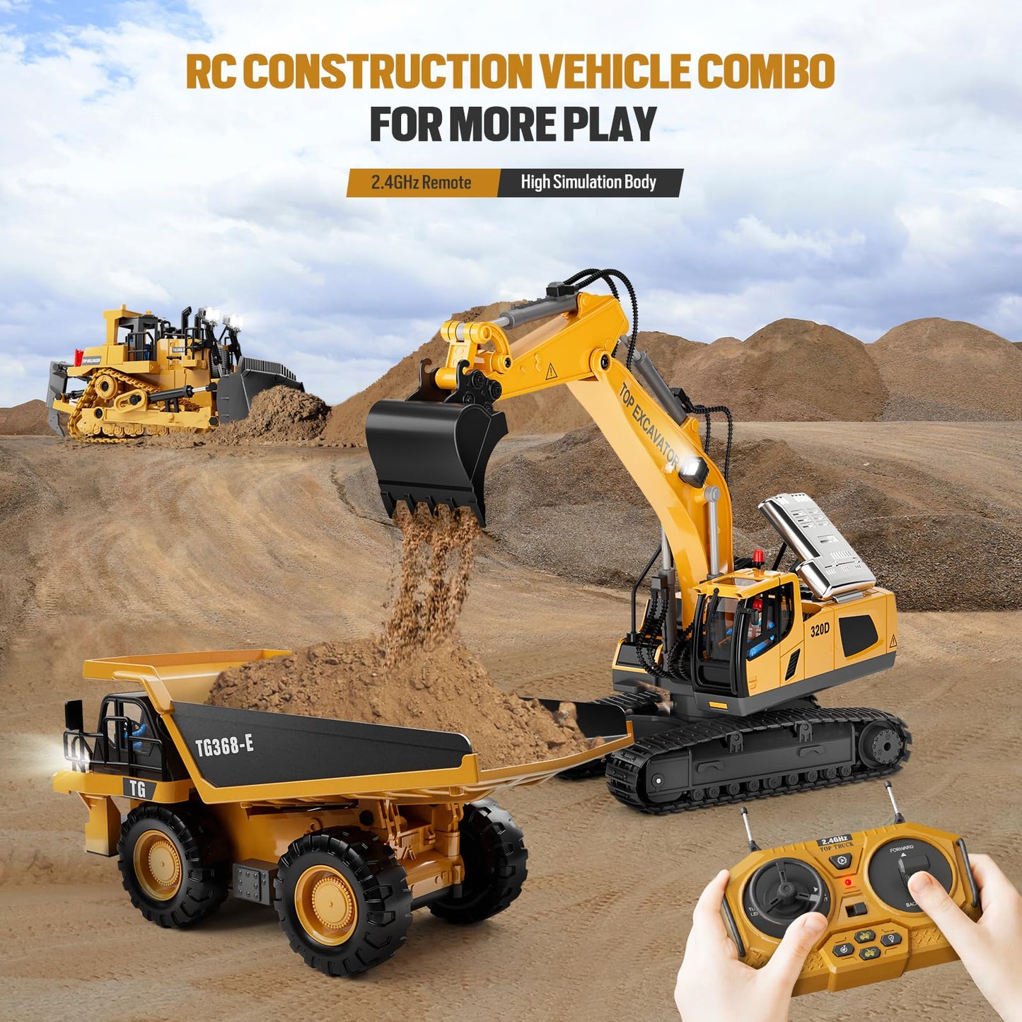 Remote Control Excavator Toy for Kids – 2×1200mAh RC Truck with Metal Shovel, Lights, 11CH, 120+ Min Play, Ages 3-12, Birthday & Christmas Gift