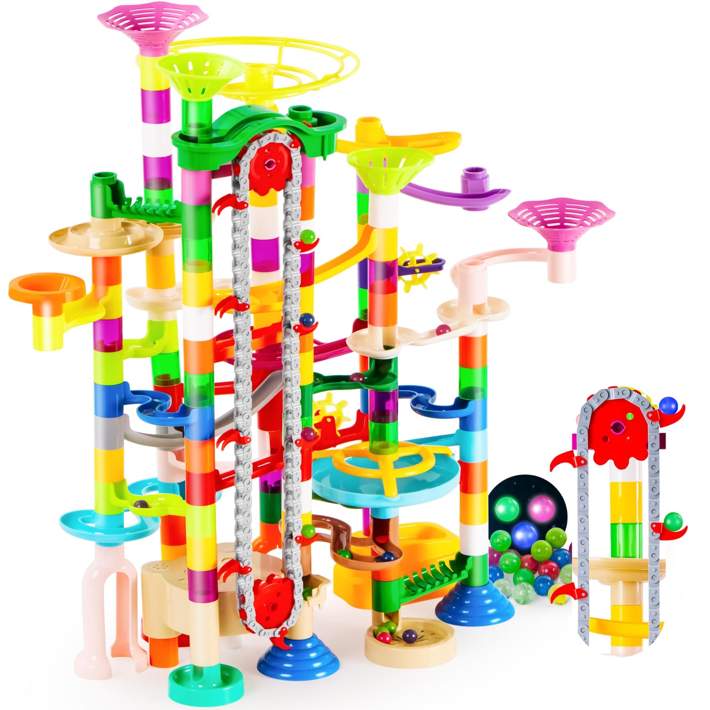 JOYIN 236-Piece Glowing Marble Run with Motorized Elevator, 30 Glow-in-the-Dark Marbles, STEM Building Toy for Kids Gift