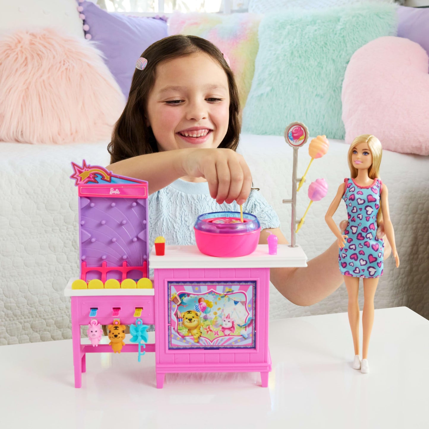 Barbie Mysteries: Beach Detectives Malibu” Doll & Cotton Candy Game Booth Playset with 20 Accessories Including Prizes