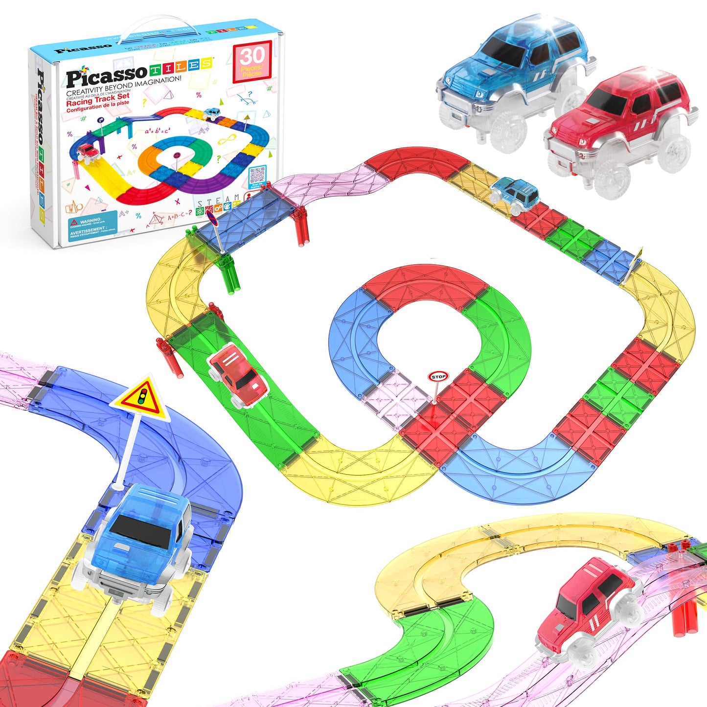 PicassoTiles Magnetic Tiles Race Track Playset with 2 Racing Trucks – STEM Building Blocks Toy for Toddlers, Boys & Girls 3+ PTR30