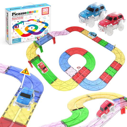 PicassoTiles Magnetic Tiles Race Track Playset with 2 Racing Trucks – STEM Building Blocks Toy for Toddlers, Boys & Girls 3+ PTR30