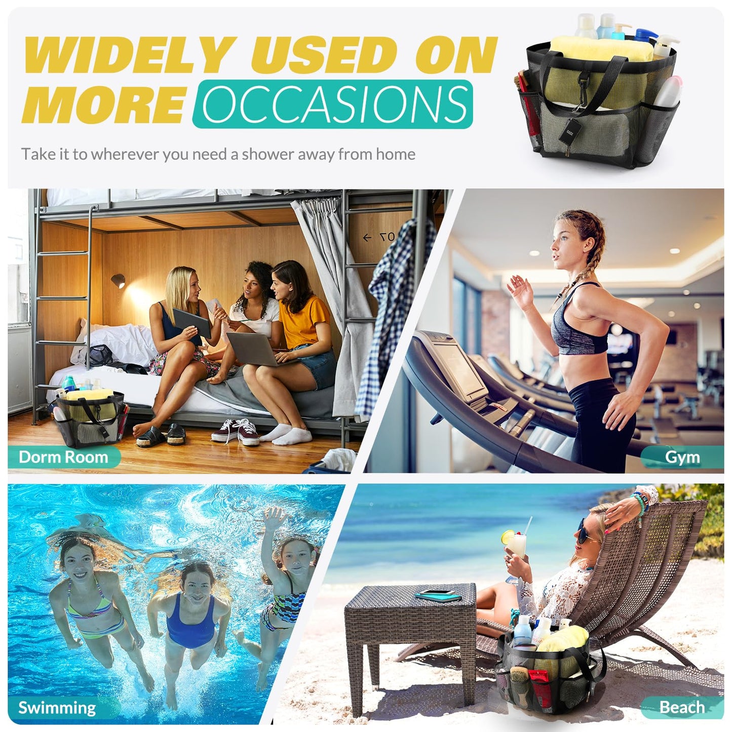 LOYEE Mesh Shower Caddy Portable for College Dorm Room Essentials with 8 Pockets, Shower Bag for Beach, Swimming, Gym, Travel, Bathroom(Black)