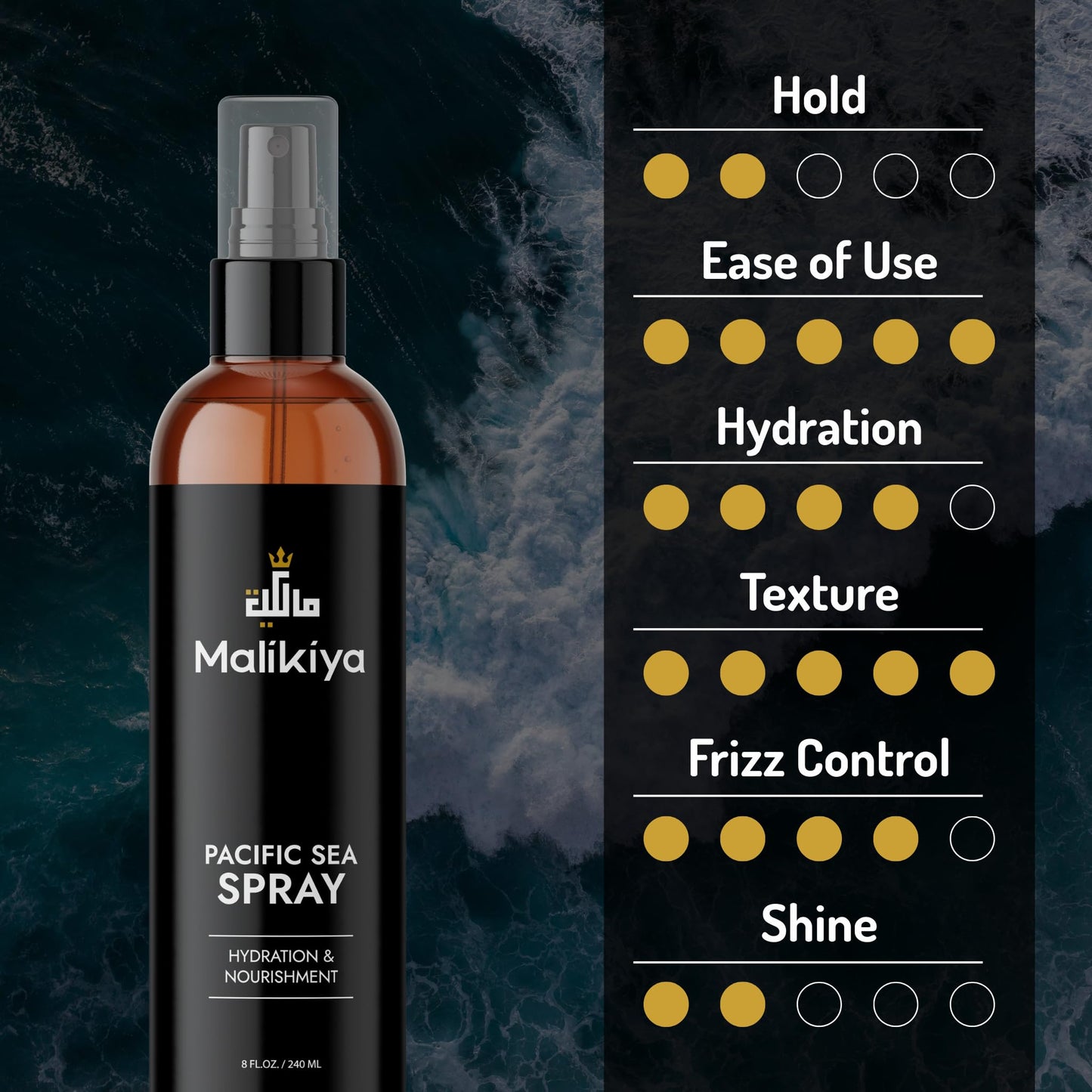 Malikiya Sea Salt Spray for Men– Beach Waves, Fluffy Textured Hair | Natural, Non-Greasy, No Crunch, Firm Hold | Coconut Water & Sea Kelp | 8 oz