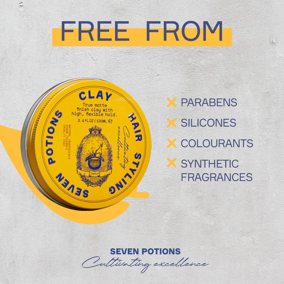 SEVEN POTIONS Hair Clay for Men & Women 3.4 fl oz | High Hold, No Shine Pomade | Water-Based, Natural, Vegan & Cruelty-Free Styling Clay