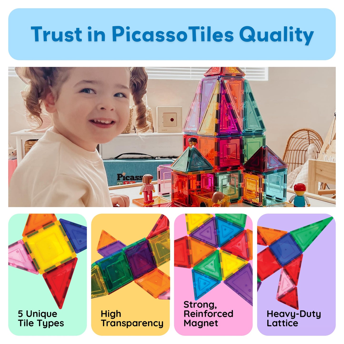 PicassoTiles 60-Piece Clear Magnetic Building Tiles Set – 3D Construction Blocks for Creative, Educational & Recreational Play