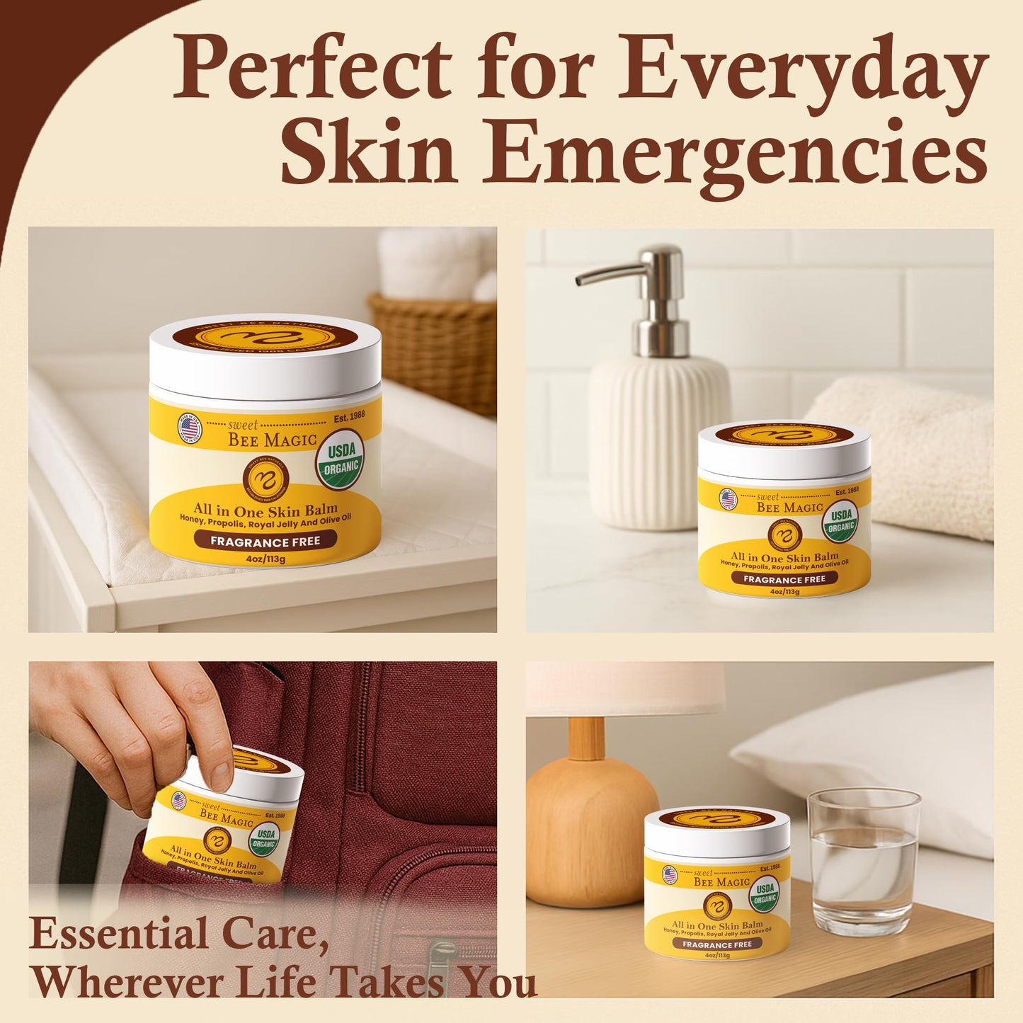 Sweet Bee Magic Organic Healing Balm - All-in-One Beeswax Cream for Dry Skin, Face & Body Moisturizer, Natural & Certified Organic, 4oz Jar