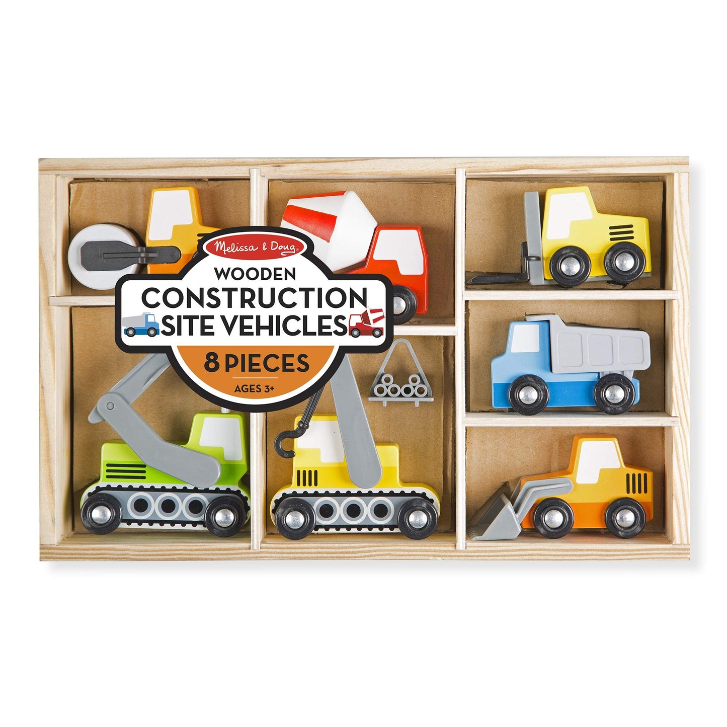 Melissa & Doug Wooden Construction Site Vehicles with Wooden Storage Tray (8 pcs)