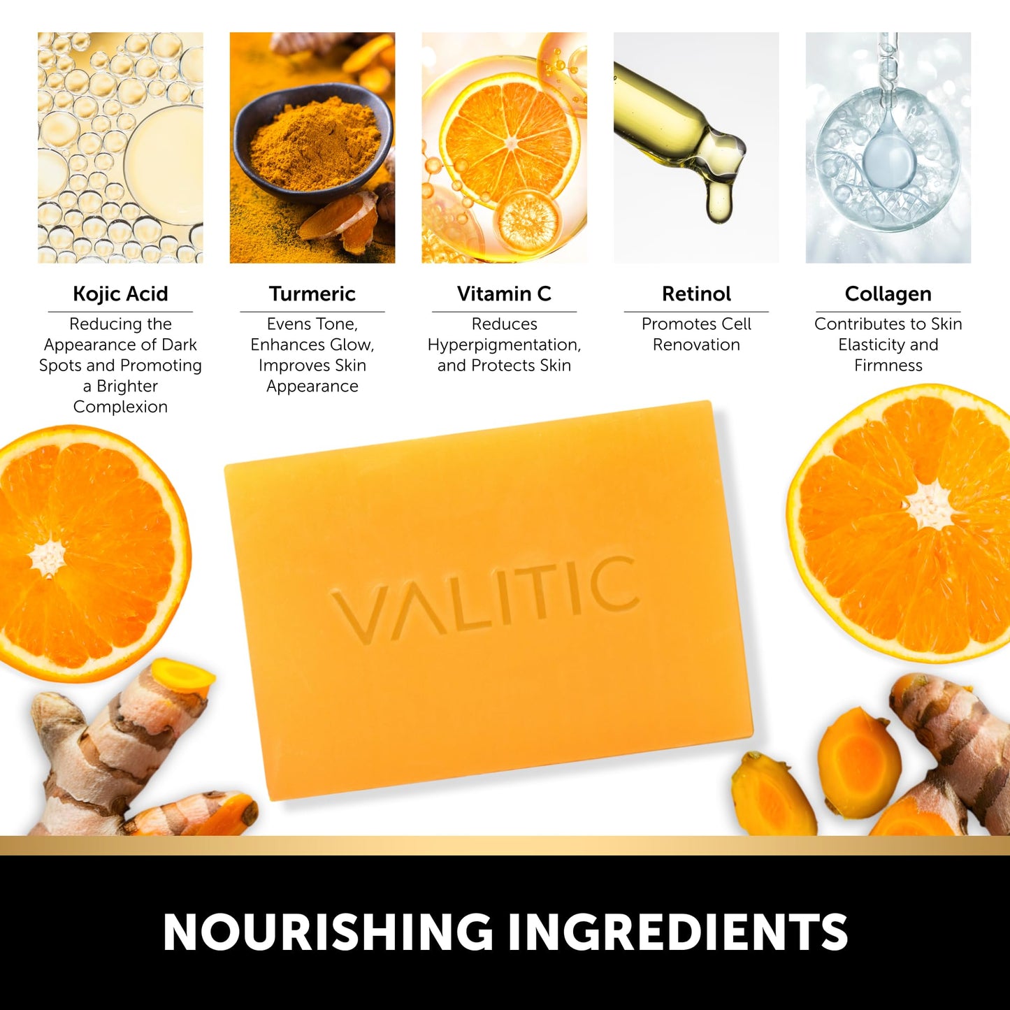 VALITIC Kojic Acid Soap with Vitamin C, Retinol & Turmeric for Dark Spots – Japanese Complex with Collagen, Hyaluronic Acid & Vitamin E, 2 Pack