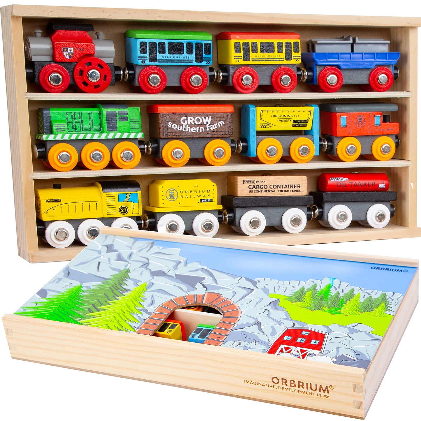 ORBRIUM Wooden Train Cars Gift Set with Storage Box & Tunnel – Compatible with Thomas & Friends, Brio, IKEA, Imaginarium, Melissa & Doug, Ages 3-7