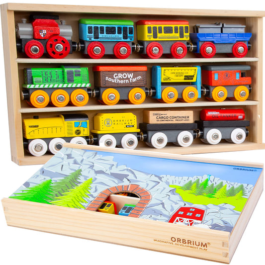 ORBRIUM Wooden Train Cars Gift Set with Storage Box & Tunnel – Compatible with Thomas & Friends, Brio, IKEA, Imaginarium, Melissa & Doug, Ages 3-7