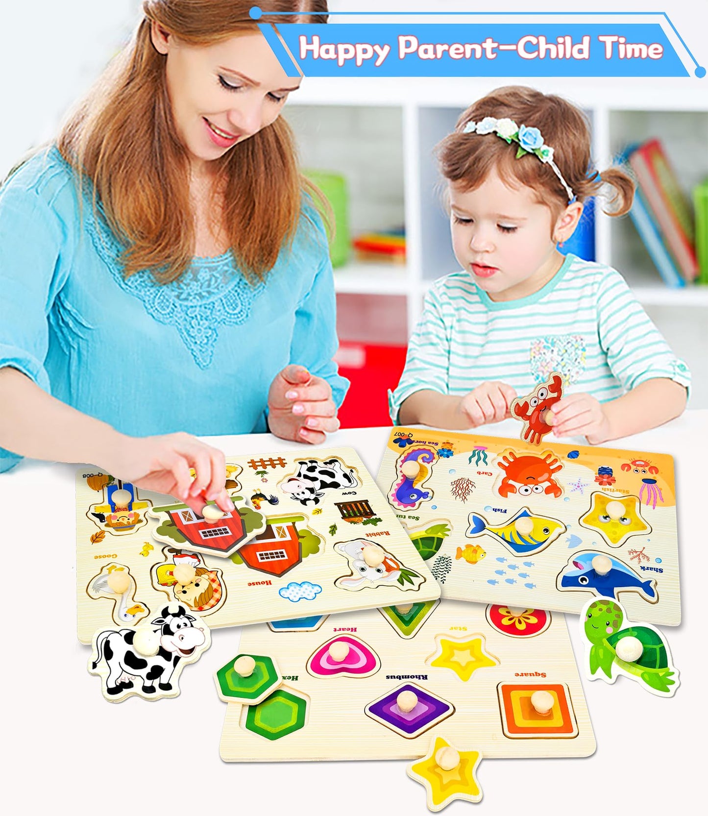 Wooden Peg Puzzles for Toddlers – 6 Montessori Learning Sets: Shapes, Farm, Sea, Dinosaurs, Fruits & Animals, Fine Motor Toys for Kids
