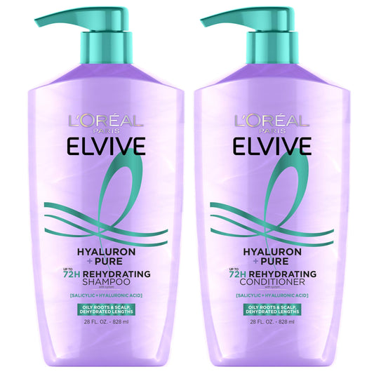 L'Oreal Paris Elvive Hyaluron + Pure Shampoo & Conditioner Set | Clarifying & Rehydrating Hair Care with Salicylic & Hyaluronic Acid, 1 Kit