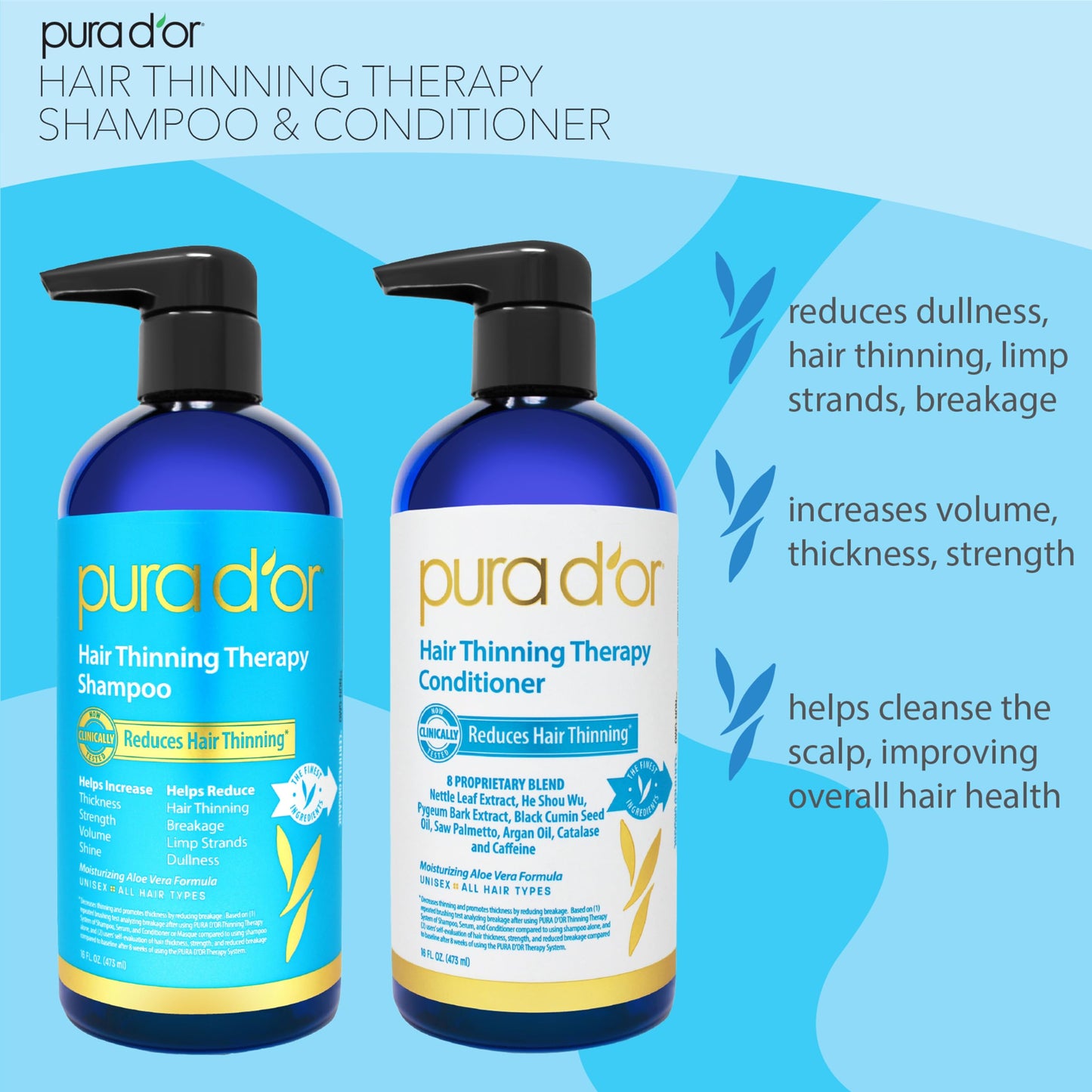 PURA D'OR Biotin Shampoo & Conditioner Set for Thinning Hair, Clinically Tested Thickening Formula, Natural, Color-Safe, 16oz Each