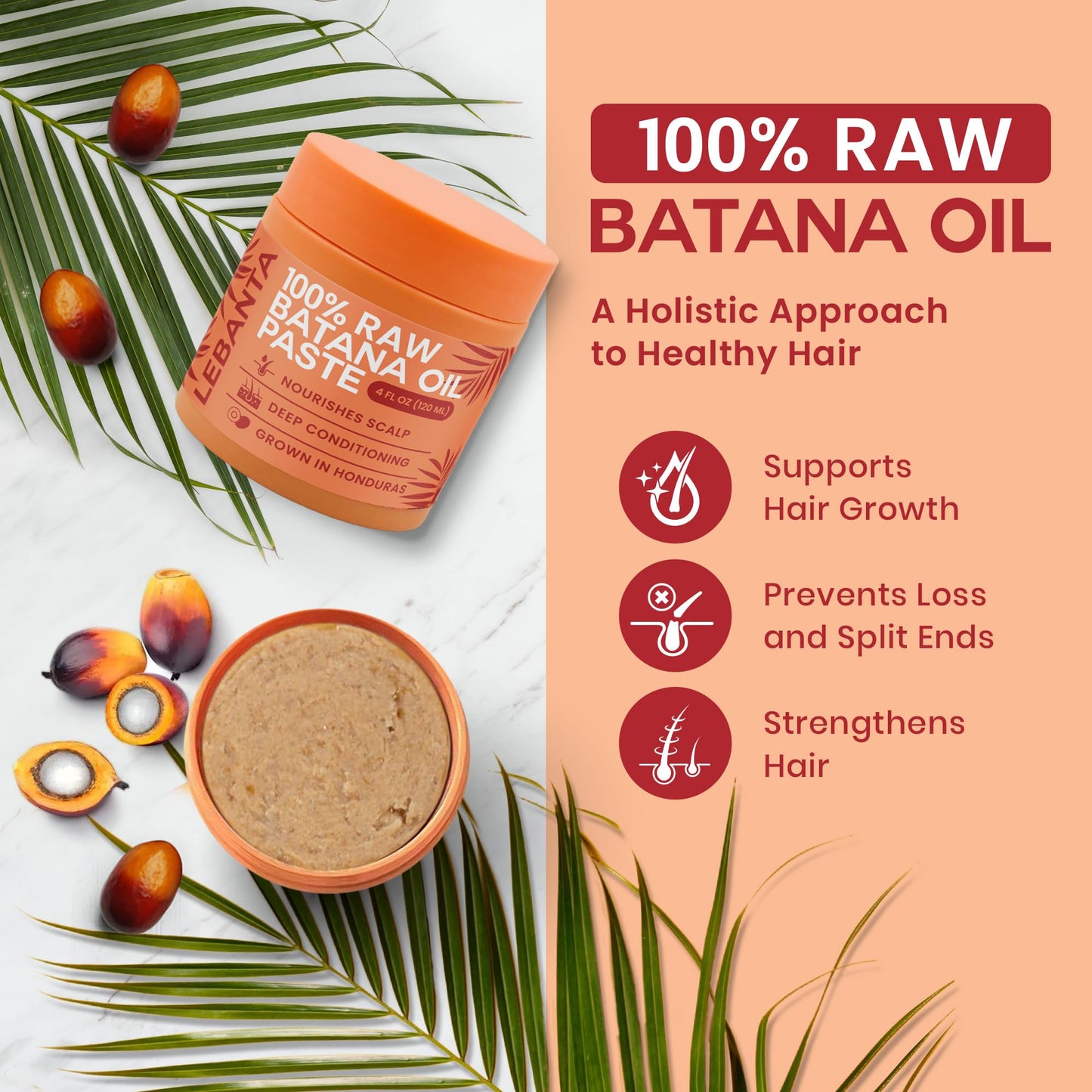 Lebanta Raw Batana Oil for Hair Growth – 100% Pure Organic Unrefined Oil from Honduras, Cold Pressed for Thick, Strong Hair & Scalp Care – 4oz