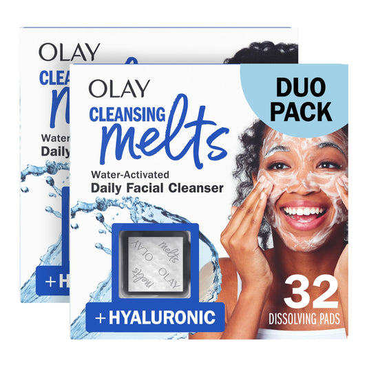 Olay Hyaluronic Acid Cleansing Melts Face Wash, Fragrance-Free, Gentle Daily Cleanser for All Skin Types, Travel Size 64ct (2x32ct)