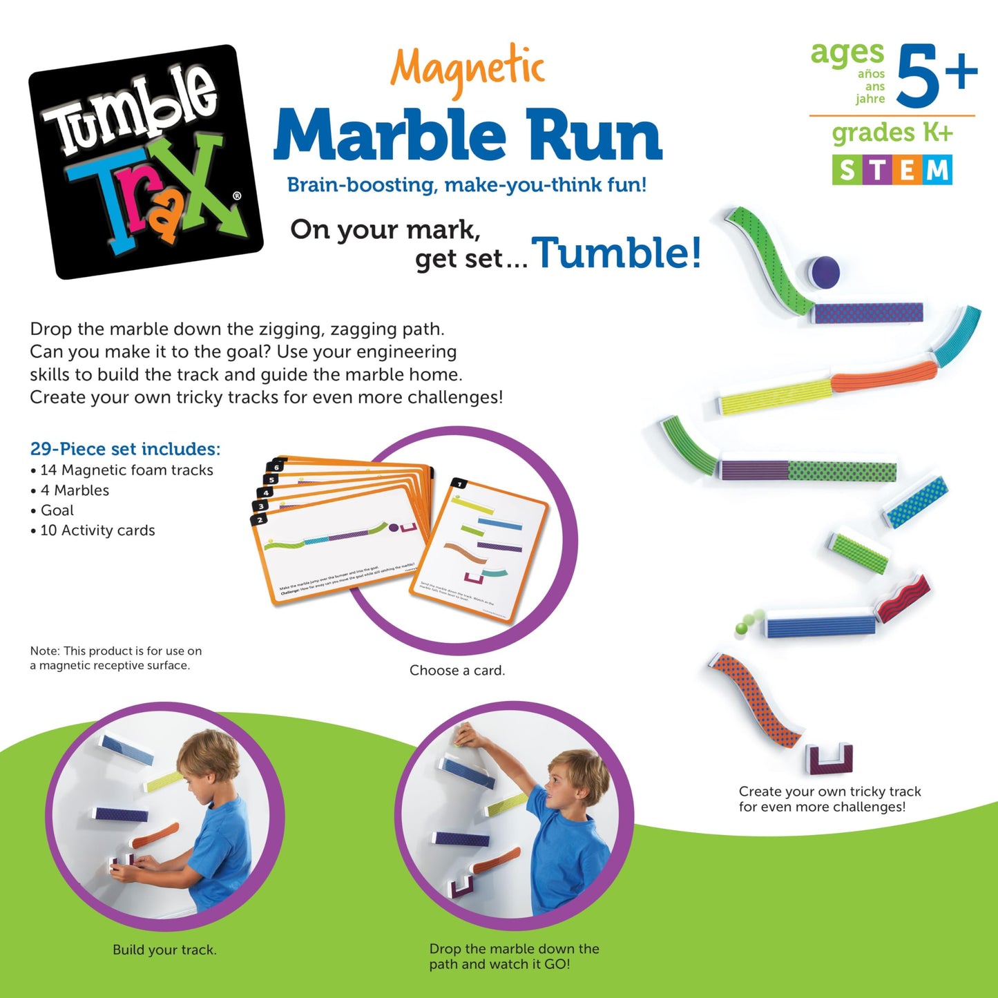 Tumble Trax Magnetic Marble Run – STEM Montessori Toy for Kids, Fine Motor Skills, Classroom Activity, Wall Play, Gifts for Boys & Girls