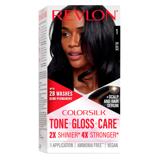 Revlon ColorSilk Tone + Gloss + Care Demi-Permanent Hair Dye Kit with Leave-In Serum, 2X Shine & 4X Strength, Shade 1 Black, 4.5 fl oz