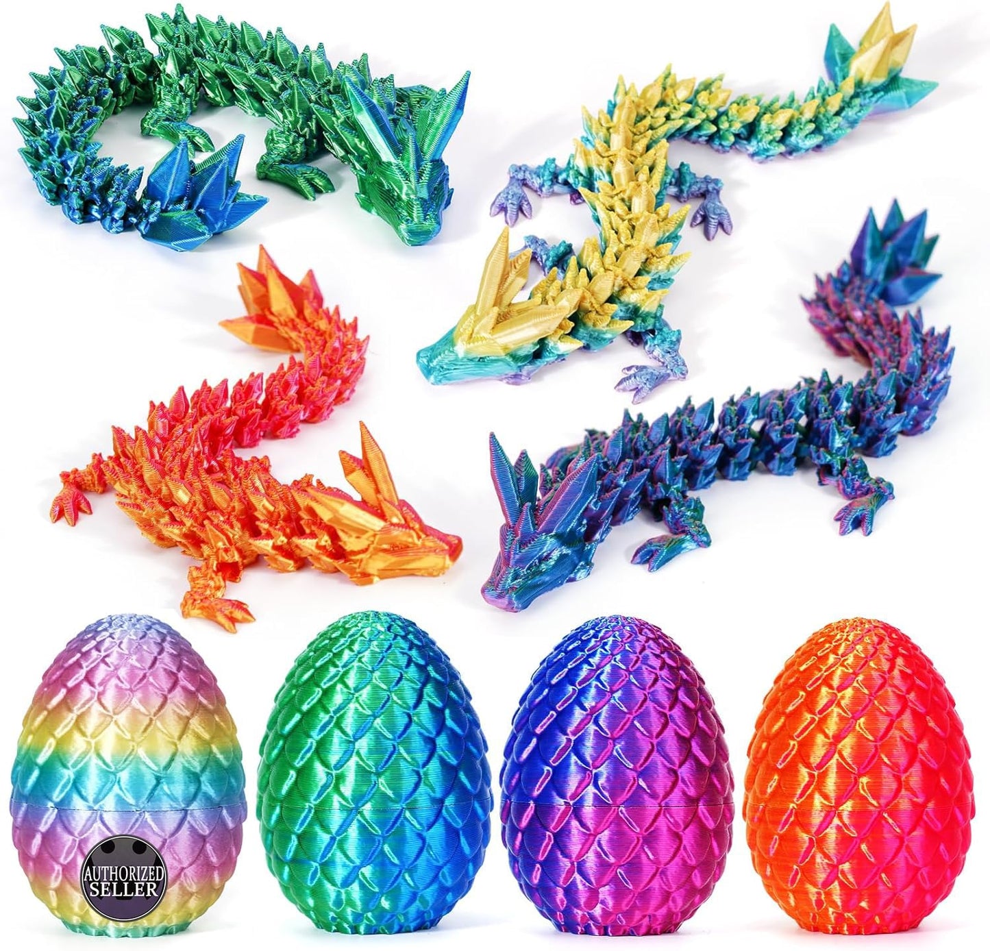 TBOLINE 4PCS 3D Printed Dragon & Dinosaur Eggs, Articulated Crystal Animal Fidget Toys for Kids, Easter Gifts for Boys & Girls