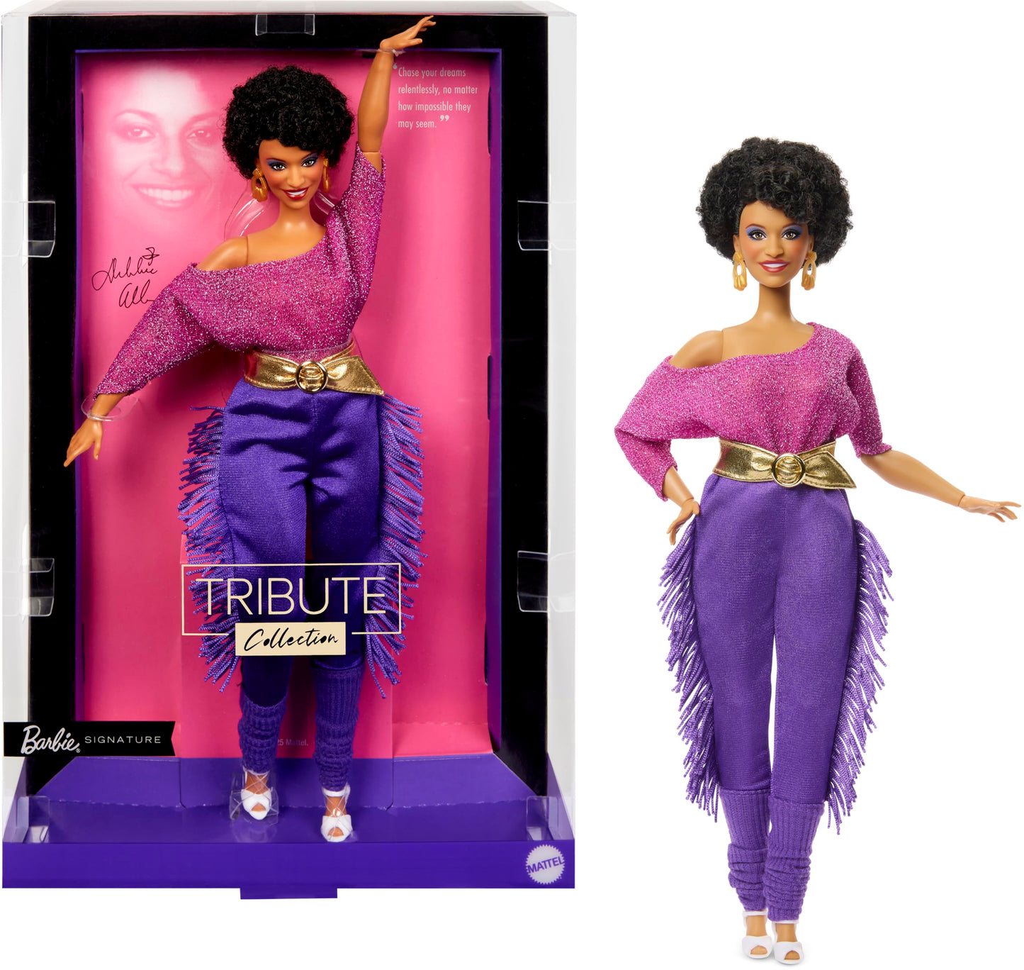 Barbie Signature Doll, Debbie Allen Tribute Collection Posable Doll with Off-Shoulder Top, Gold Belt, and Purple Fringe Pants with Leg Warmers