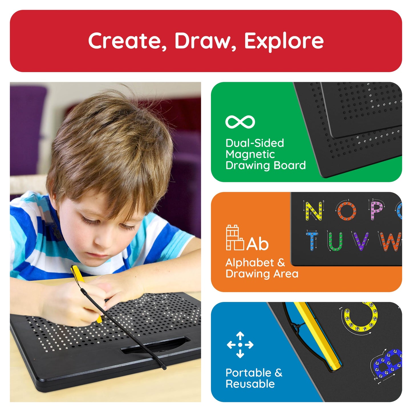 PicassoTiles 12x10" 2-in-1 Magnetic Drawing Board Toy – Double-Sided STEM Learning Pad, Alphabet, Erasable & Reusable Playboard (Black PTB04)