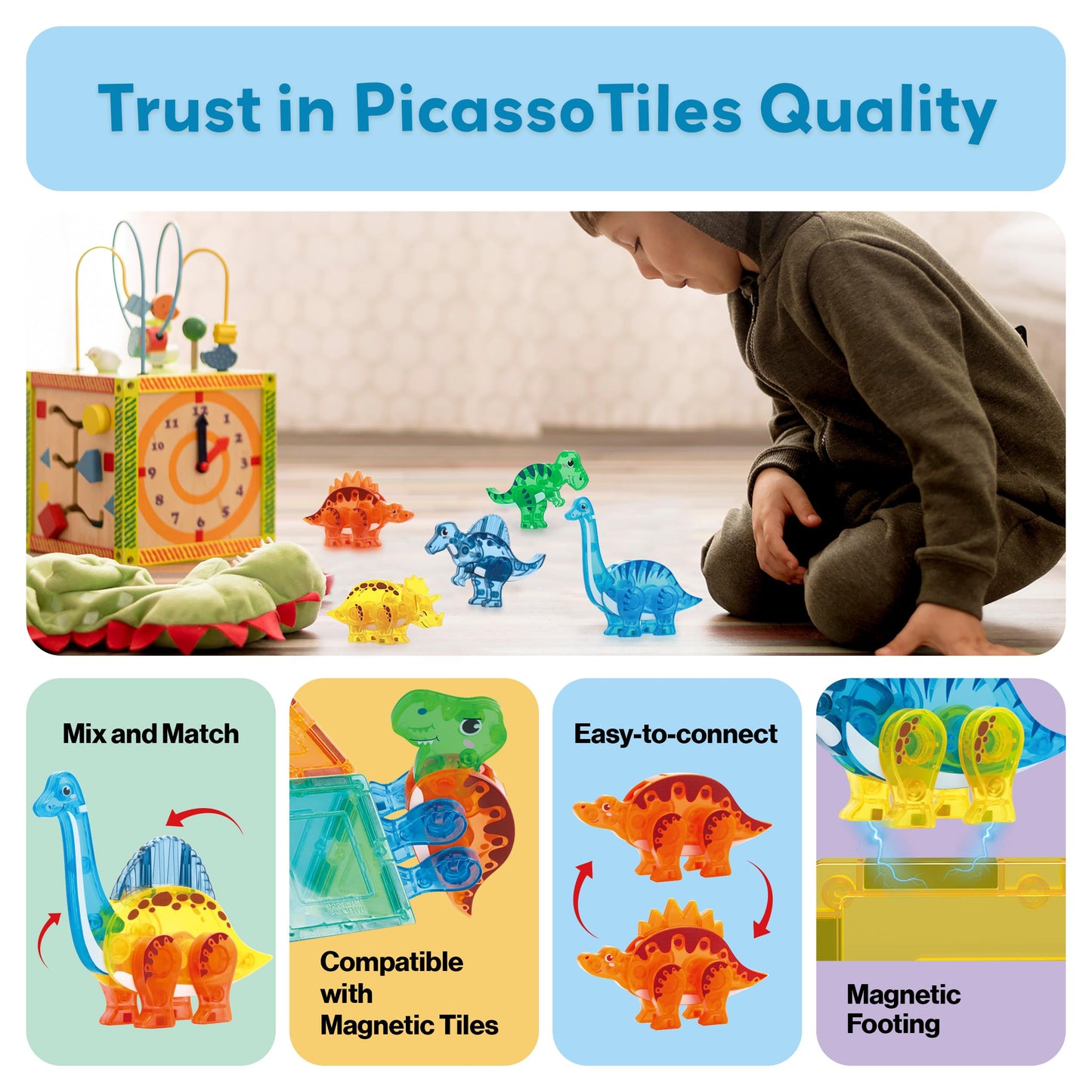 PicassoTiles Dinosaur Magnetic Tile Accessory Set – Mix & Match Dino Parts for STEM Building, Creative Pretend Play Toy for Kids 3+