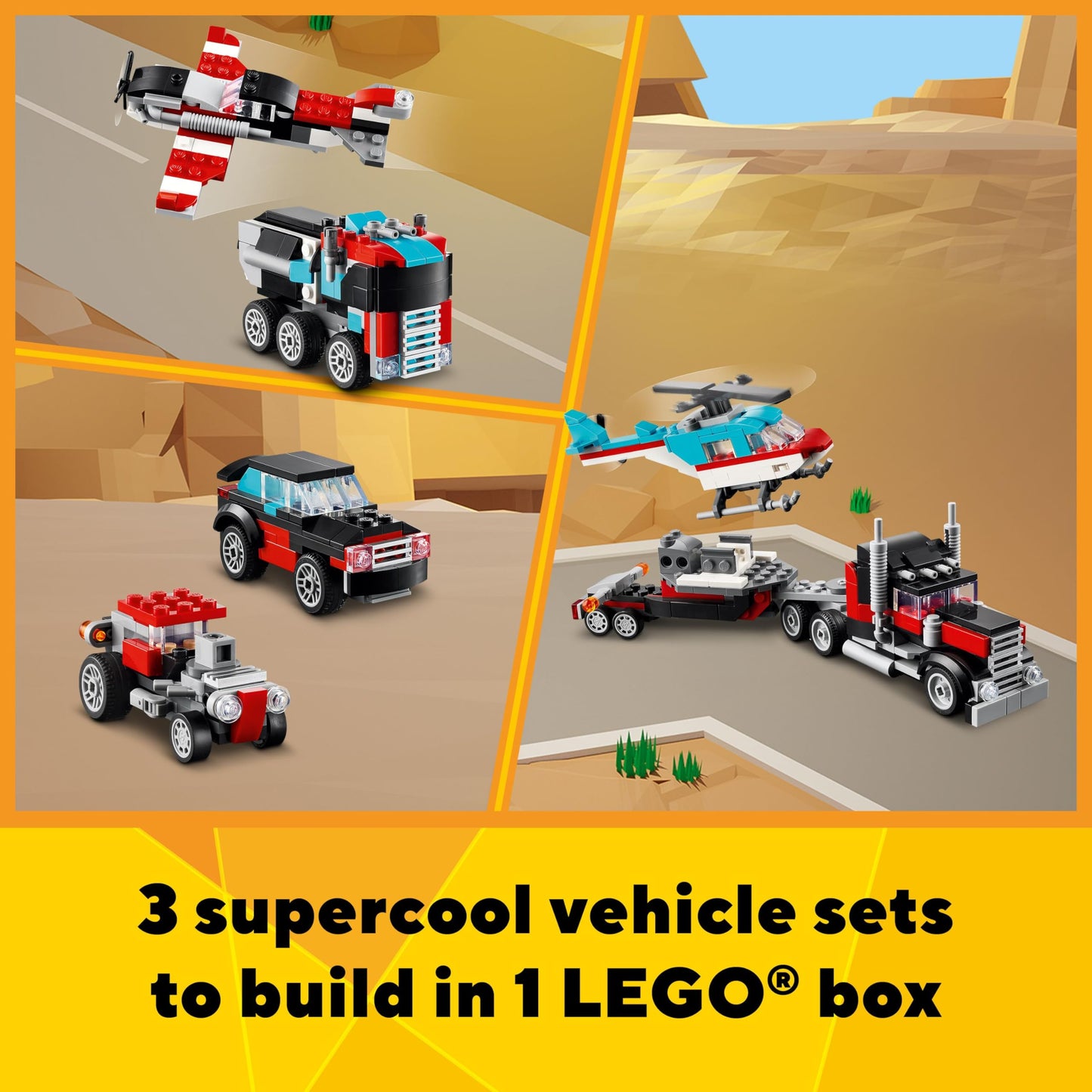 LEGO Creator 3-in-1 Flatbed Truck Toy – Transforms into Helicopter, Hot Rod & SUV, Building Set for Kids 7+, Gift Idea, 31146