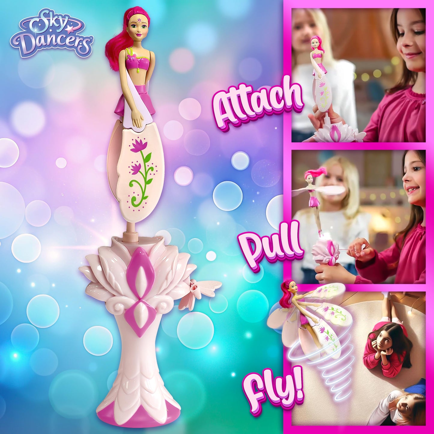 Sky Dancers Flying Doll Fuchsia Fantasy – 90s Throwback Pull-String Toy That Flies, No Batteries, Magical Gift for Kids 6+