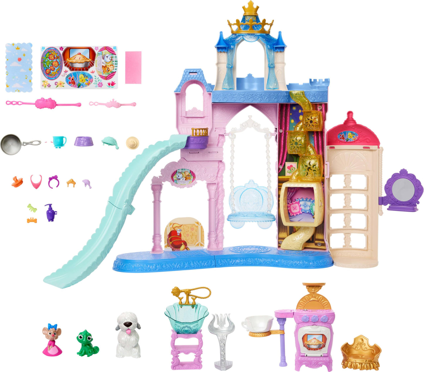 Mattel Disney Princess Pet Castle Playset with 7 Play Areas, 3 Animal Friends, Furniture & 17 Accessories, 2+ ft Tall Pet Palace, Inspired by Movies