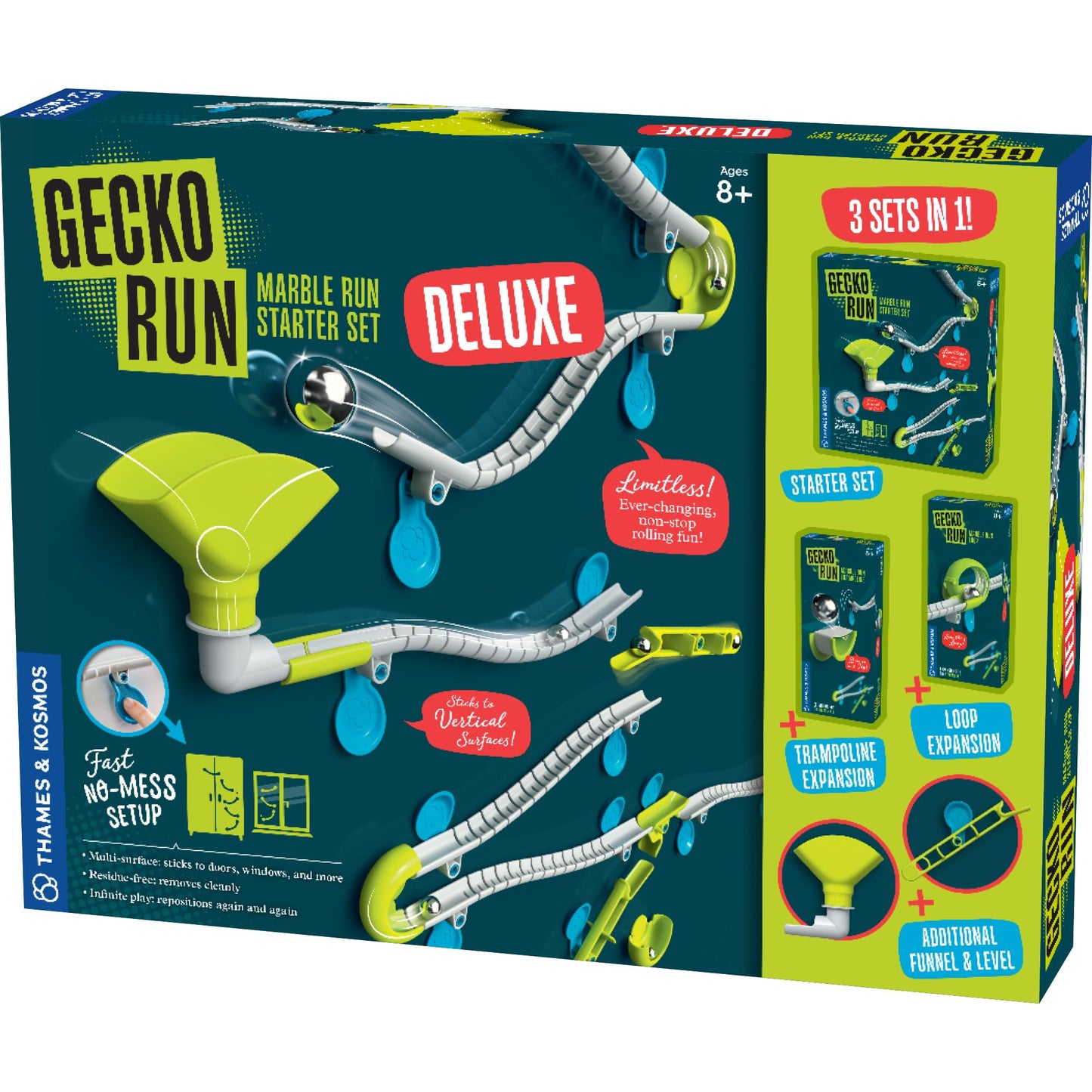Gecko Run Marble Run Deluxe Starter Set – Vertical Tracks, Loops & Trampolines, Fast No-Mess Setup with Nano-Adhesive Pads