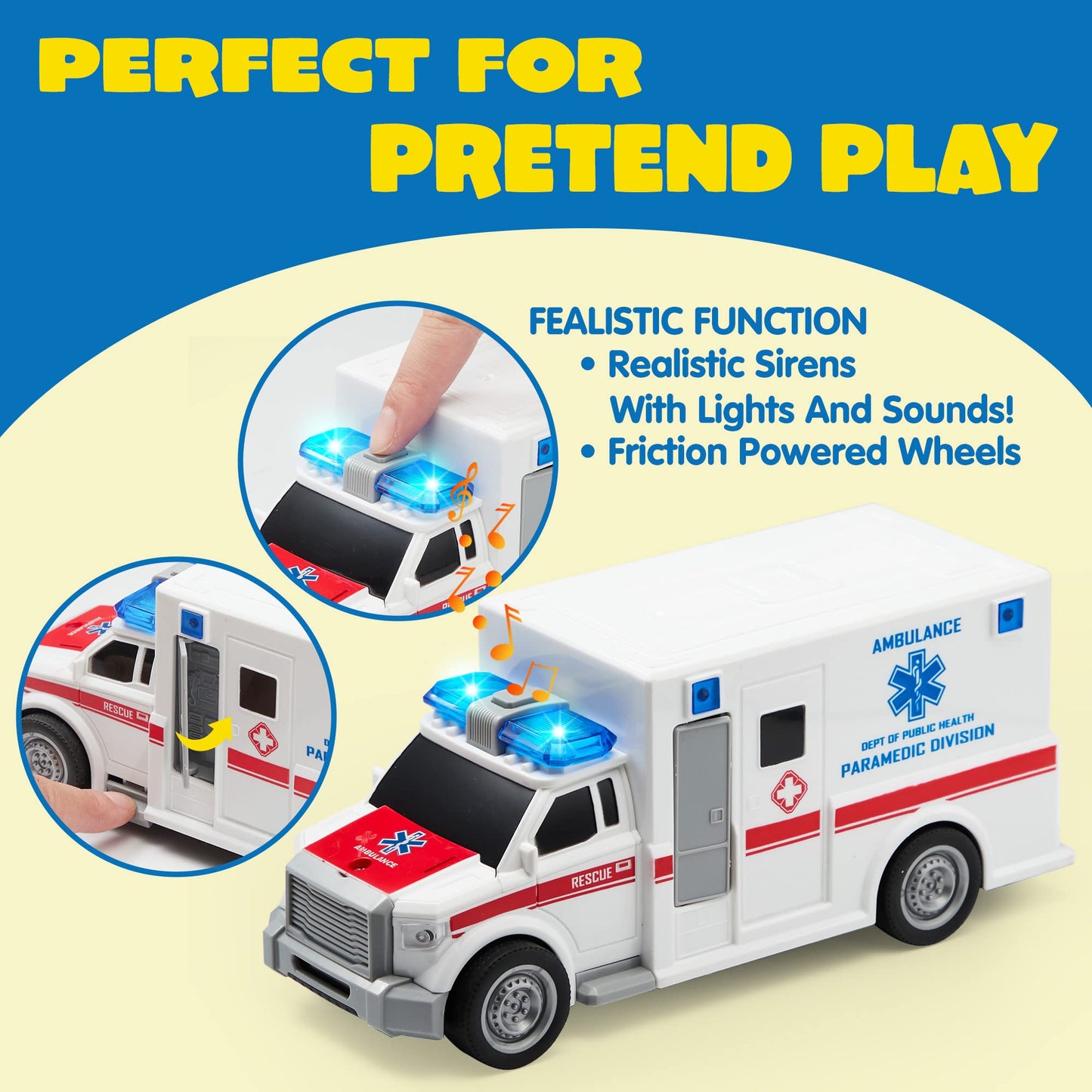JOYIN Toddler Truck Toy Set for Boys & Girls 3-9 – Friction Powered Police & Emergency Vehicles with Lights & Sounds, Birthday & Christmas Gift