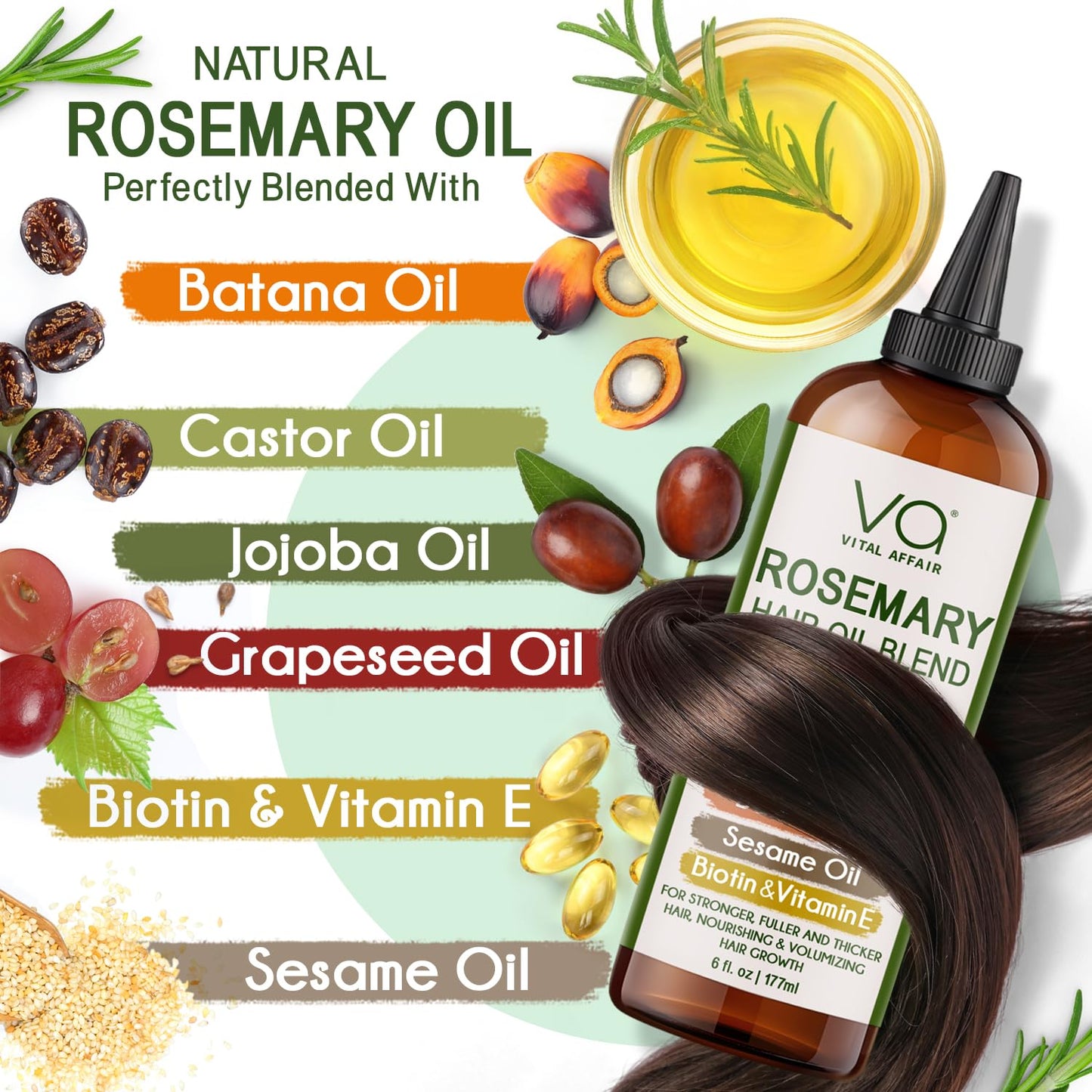VITAL AFFAIR Rosemary Hair Growth Oil Blend | With Castor, Batana & Jojoba Oils | Infused with Biotin & Vitamin E | Strengthening Treatment, 6 Fl Oz