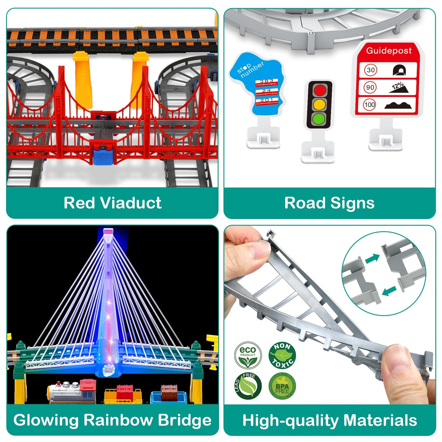 Electric Train Set for Kids 4-8 with Tracks, Lights, Sound, Bridge & Road Signs – Realistic Train Playset for Boys’ Birthday Gifts