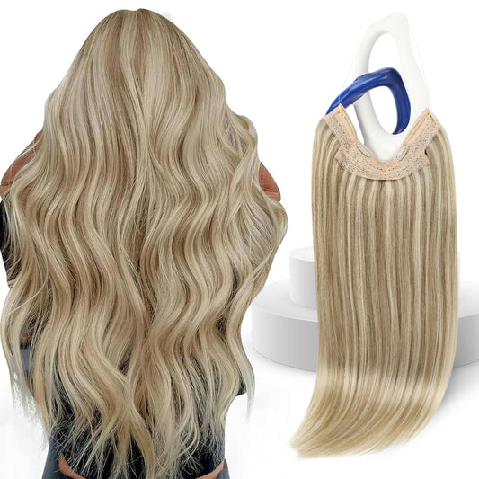 Sunny Hair Invisible Wire Human Hair Extensions – Real Fish Line Extensions Golden Blonde with Medium Blonde Highlights #16/22, 18 Inch