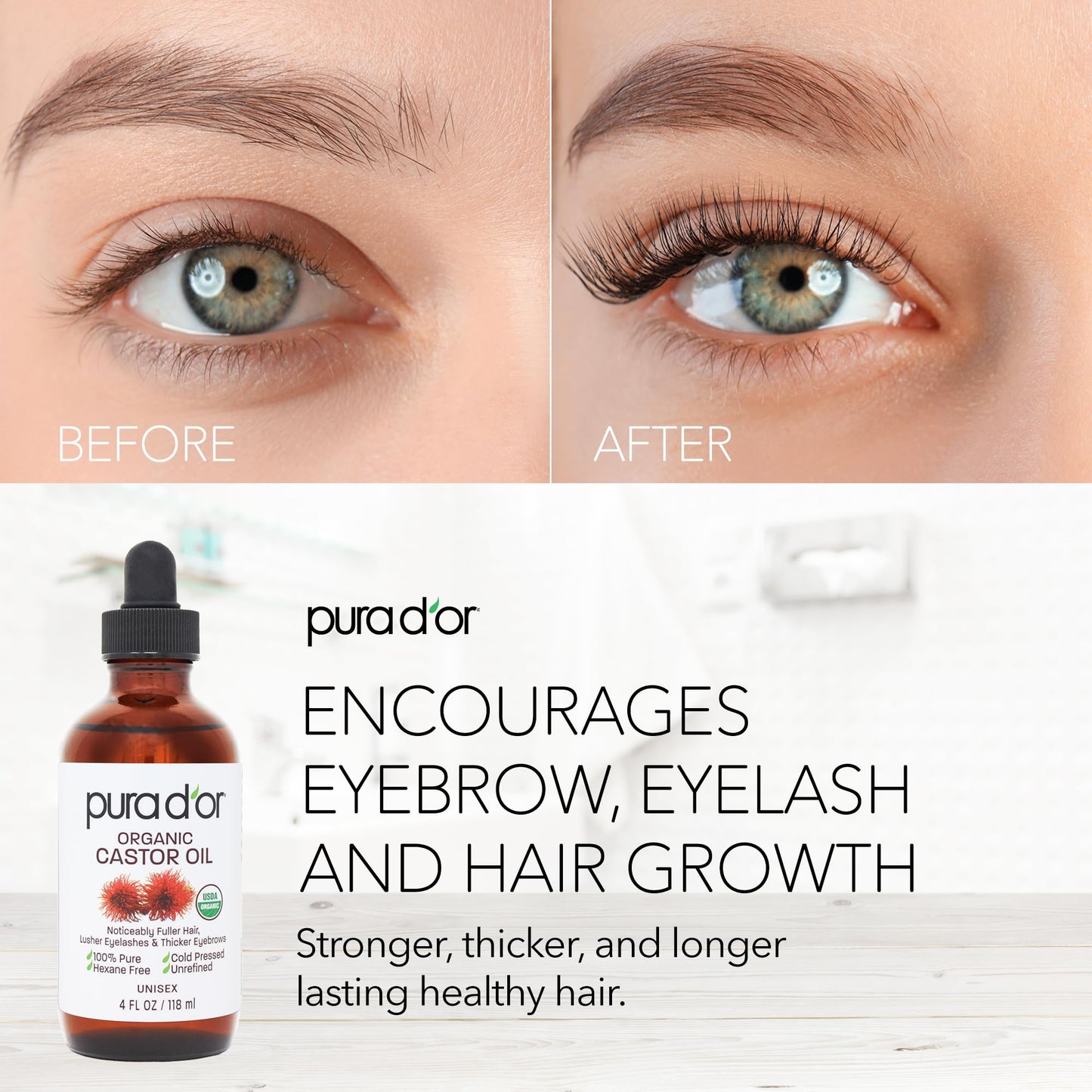 PURA D'OR 4oz Organic Castor Oil - 100% Pure, USDA Certified, Cold Pressed & Hexane-Free Eyelash, Eyebrow, Hair & Skin Serum