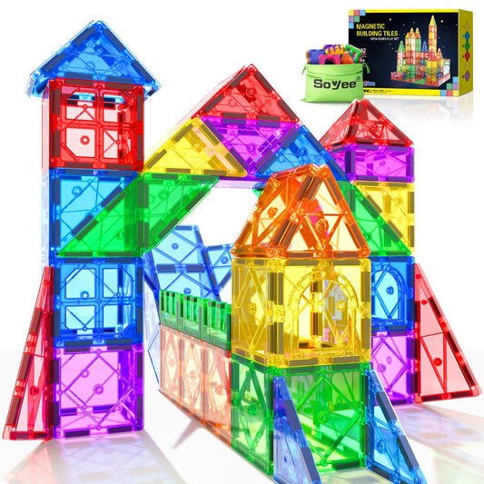 52PCS Magnetic Tiles Toys for 3 Year Old Boys and Girls Magnetic Building Blocks STEM Learning Toys Sensory Montessori Toys for Toddlers Kids