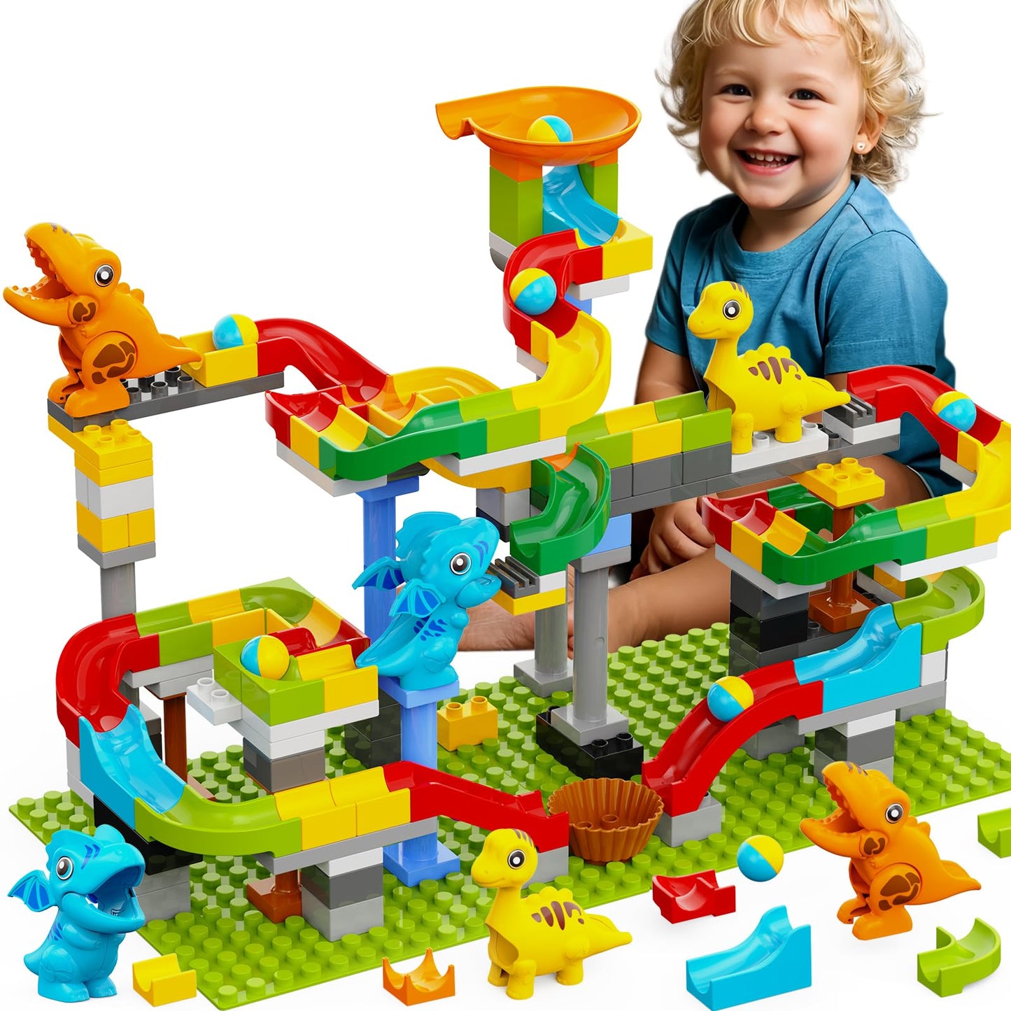 Dinosaur Marble Run Building Blocks 148PCS – STEM Learning Toy for Kids 3-8, Montessori Educational, Compatible with Lego DUPLO, Gift Idea