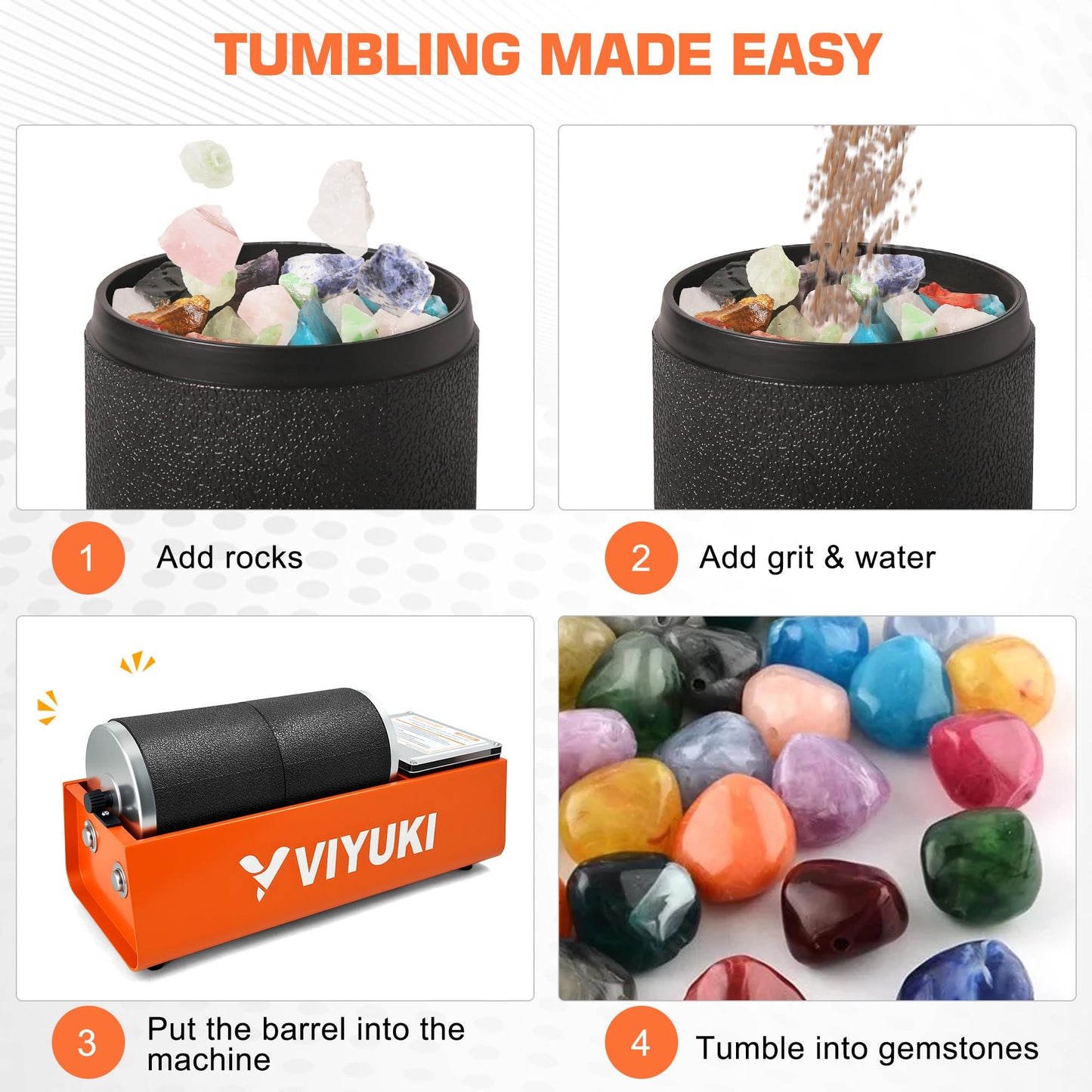 VIYUKI 6LB Double Drum Rock Tumbler Kit for Adults – Polisher with Rough Gemstones, 8 Grits, Jewelry Making & STEM Learning Guide