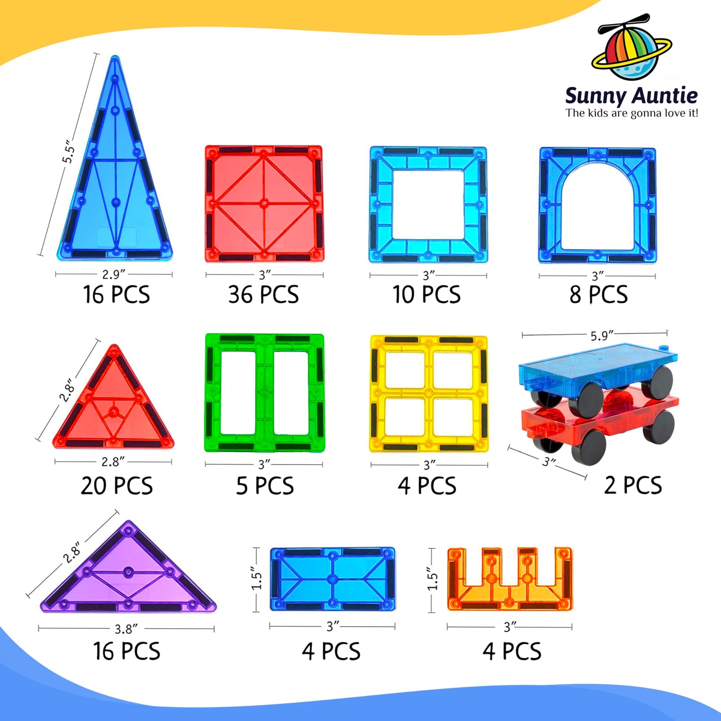 SUNNY AUNTIE 125+ Magnetic Tiles with Bonus Zippered Case, STEM Building Set for Kids Ages 3-8, Fun Gift for Boys & Girls