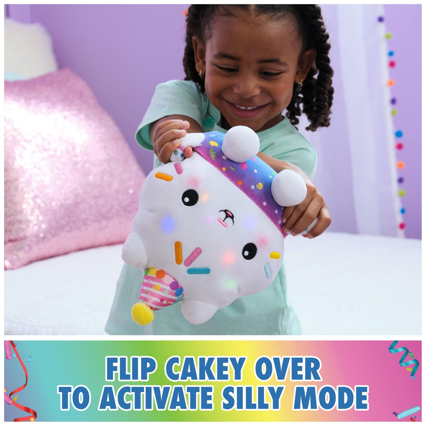 Gabby’s Dollhouse Celebrations, Sprinkle Party Cakey Cat Plush, 10-Inch Interactive Stuffed Animal with Sounds, Kids Toys for Girls & Boys Ages 3+