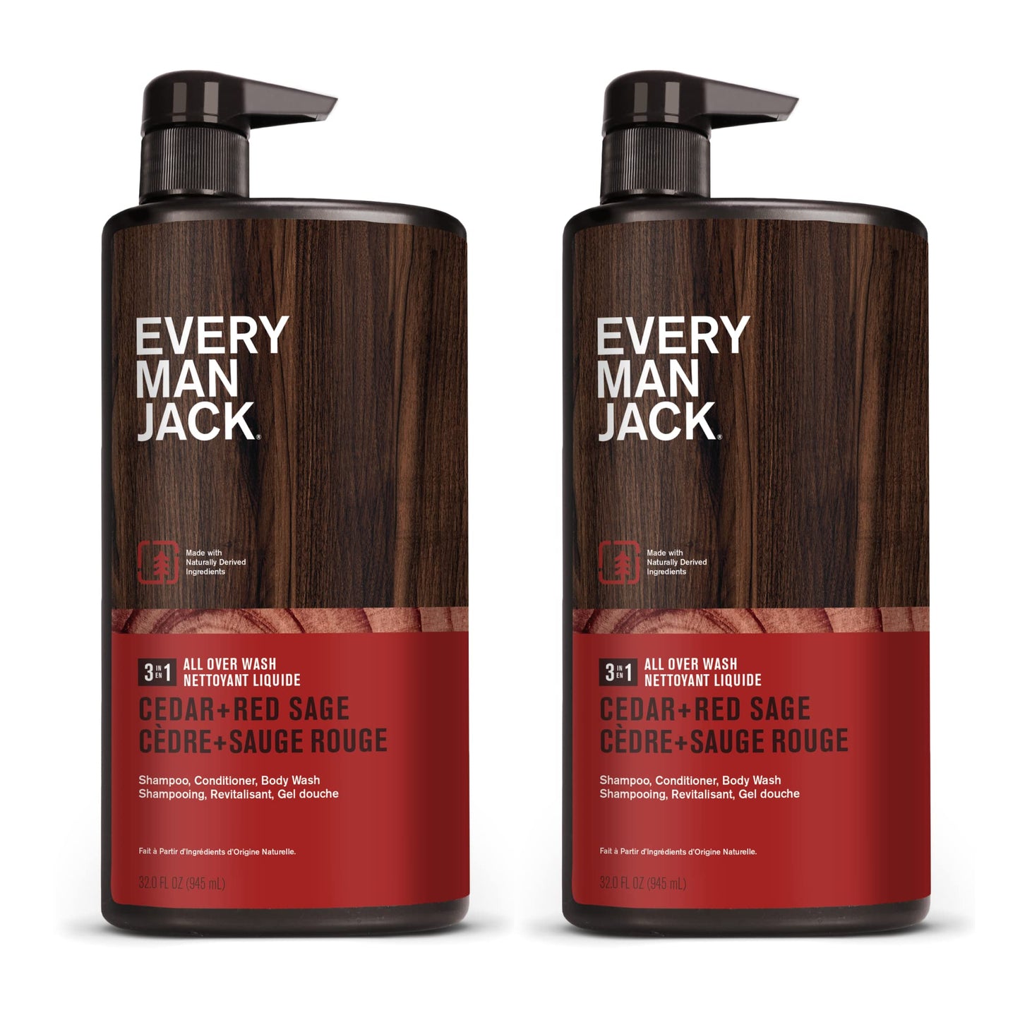 Every Man Jack Cedar + Red Sage 3-in-1 All Over Wash for Men – Cleanses, Nourishes & Protects Skin & Hair with Aloe & Soy Proteins – 2 Pack