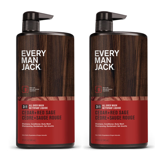 Every Man Jack Cedar + Red Sage 3-in-1 All Over Wash for Men – Cleanses, Nourishes & Protects Skin & Hair with Aloe & Soy Proteins – 2 Pack