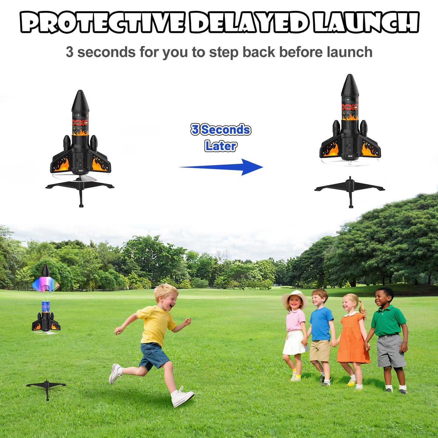 Rocket Launcher for Kids, 200ft Motorized LED Rocket Toy with Safety Parachute, Outdoor Fun Birthday Gift for Boys 8-12 (Orange)