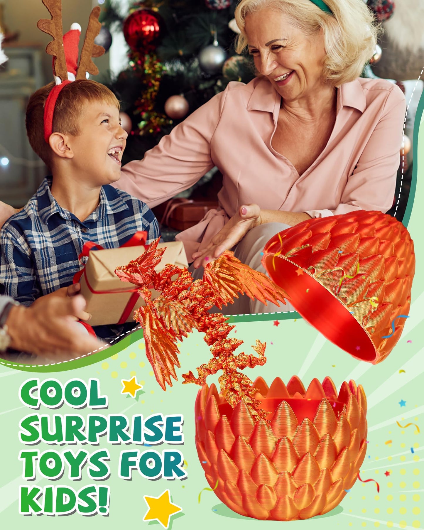 TBOLINE 4-Pack 3D Printed Dragons with Wings & Surprise Eggs, Articulated Flying Dragon Toys for Kids Ages 4-10, Boys & Girls Fidget Fun