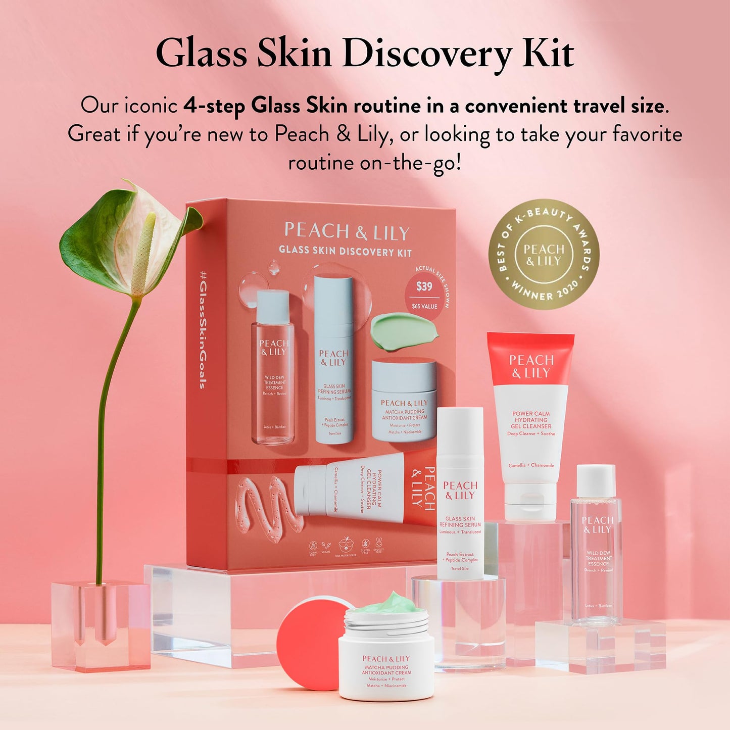 Peach & Lily Glass Skin Discovery Kit – 4-Piece Korean Skincare Set with Cleanser, Essence, Serum & Cream – Acne Routine, Travel, Vegan, Cruelty-Free