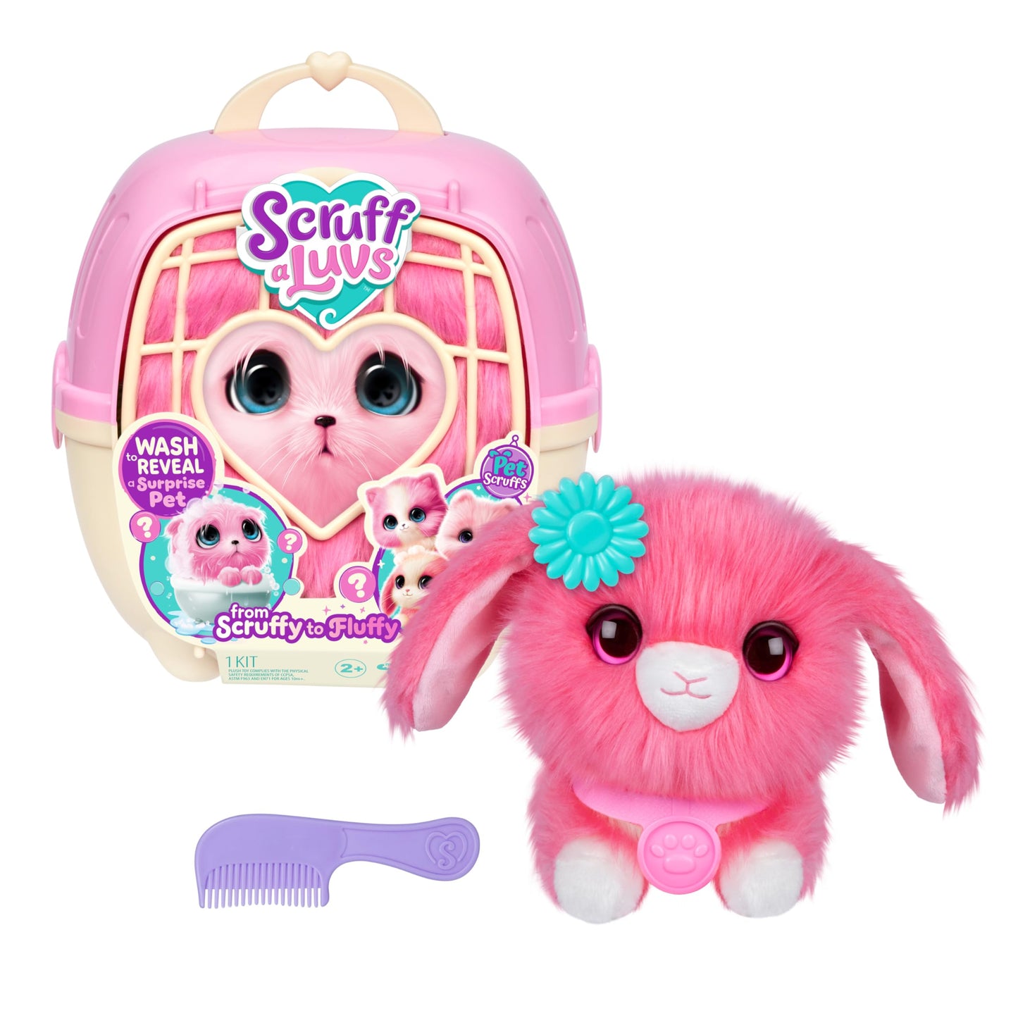 SCRUFFALUVS Pet Scruffs Pink Plush Toy – Wash & Reveal Puppy, Bunny, or Kitty with Deluxe Pet Carrier (Styles Vary)
