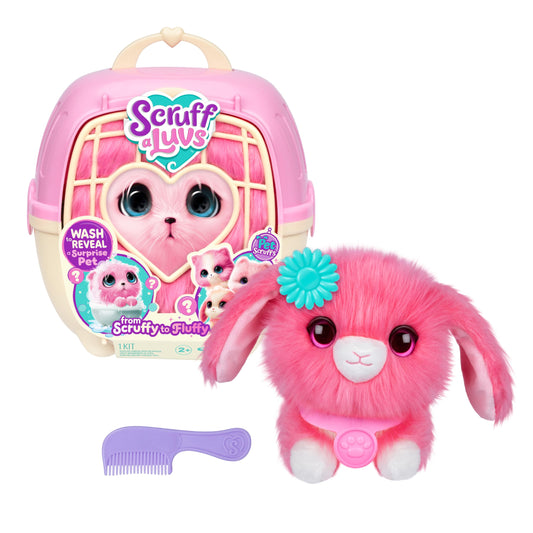 SCRUFFALUVS Pet Scruffs Pink Plush Toy – Wash & Reveal Puppy, Bunny, or Kitty with Deluxe Pet Carrier (Styles Vary)