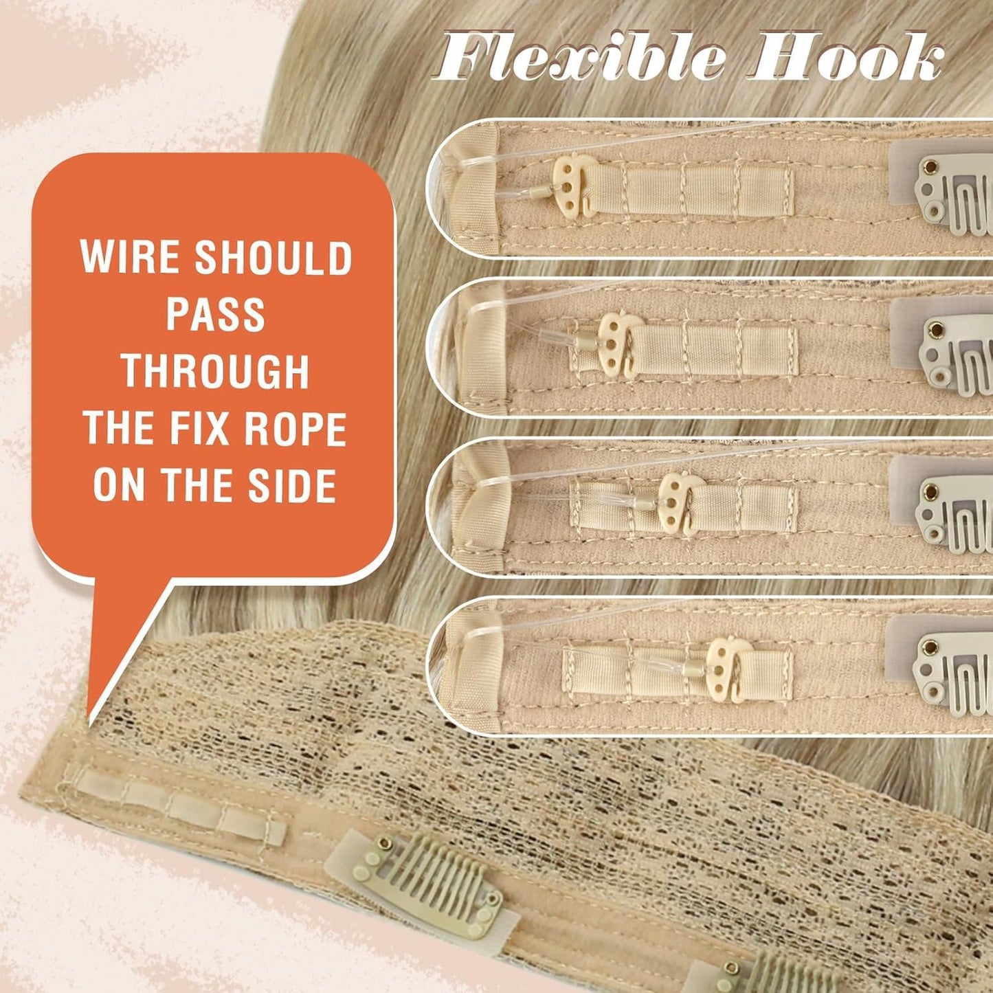 Sunny Hair Invisible Wire Human Hair Extensions – Real Fish Line Extensions Golden Blonde with Medium Blonde Highlights #16/22, 18 Inch