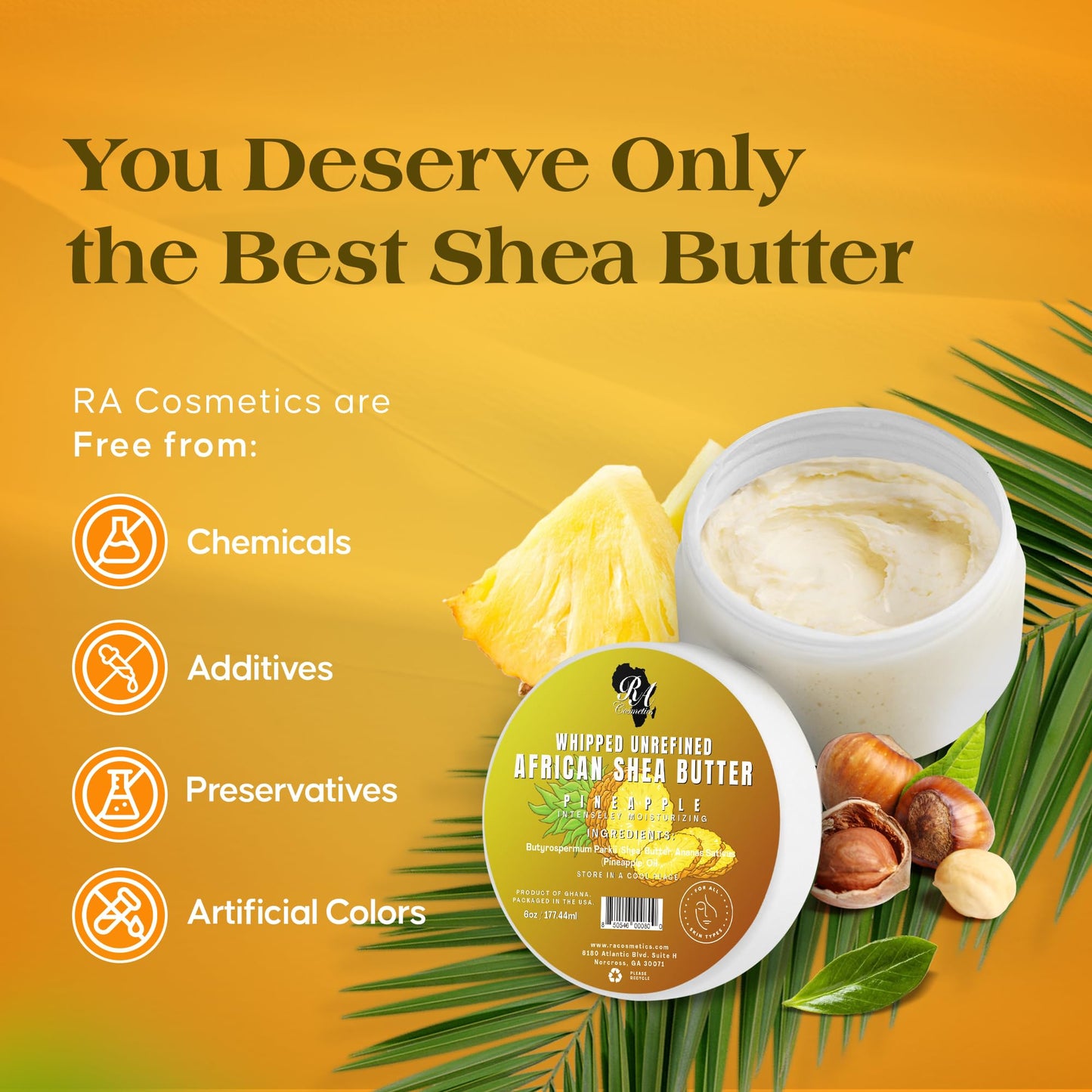 RA COSMETICS Whipped Shea Butter Pineapple 6oz – 100% Pure Natural African Shea Butter, Handcrafted Moisturizer with Vitamins for Skin