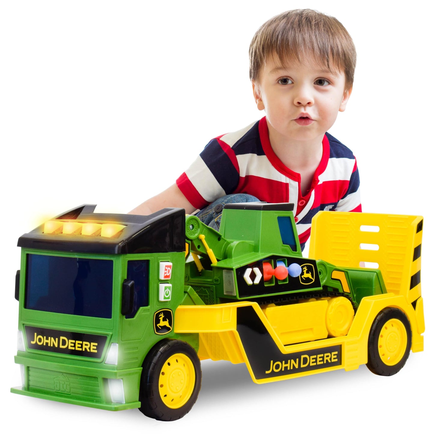 John Deere 2ft Extra Large Mega Mover Dual Joystick Motorized Trucks: Front Loader & Hoe with Trailer, Lights, Sounds Construction Toys for Kids 3+