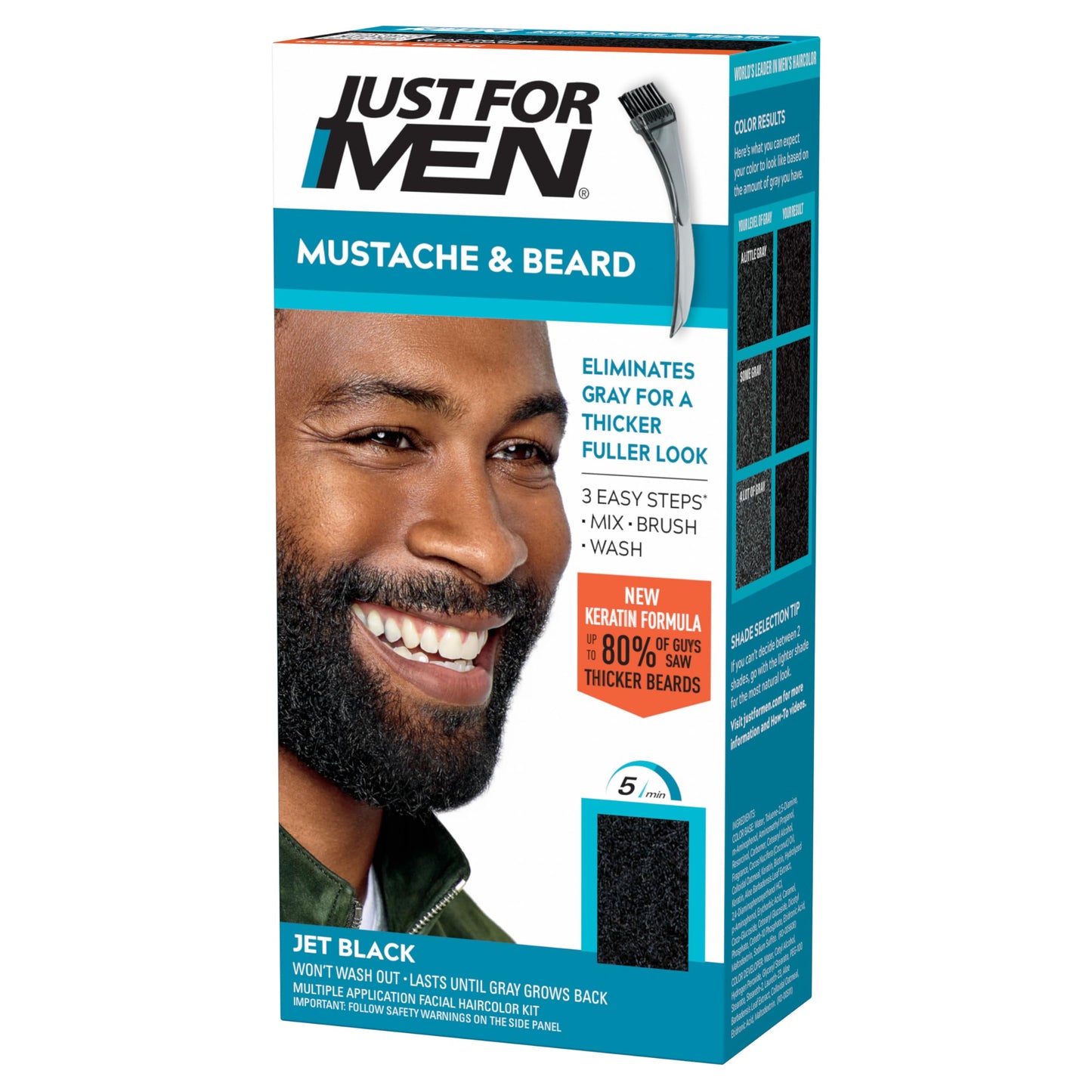Just For Men Mustache & Beard Dye - Jet Black M-60 Beard Coloring for Gray Hair with Brush, Enriched with Keratin, Biotin, Aloe & Coconut Oil